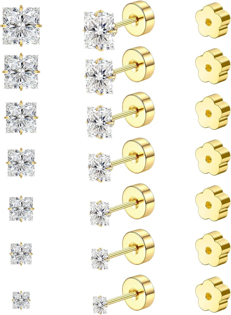 davka 7 Pairs 20G Flat Back Stud Earrings for Women Men Hypoallergenic 14K Gold Plated Surgical Steel Stack Cartilage Earrings for Multiple Piercing Sensitive Ears Bonus Plum Blossom FlatBack Studs CZ 2-8mm - Image 1